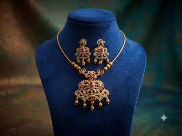 Golden_Traditional_Temple_Necklace_And_Earrings_Set_For_Women