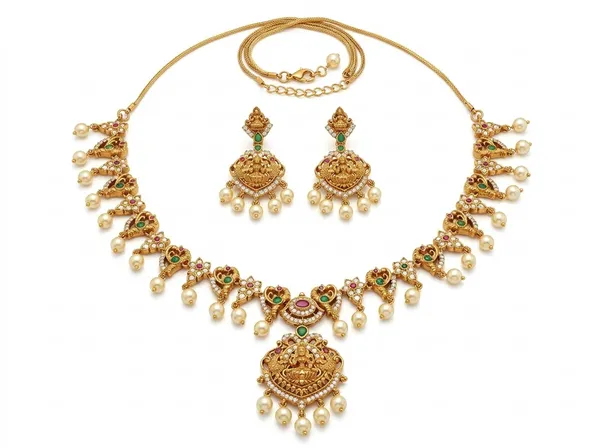 Golden_Alloy_Antique_Traditional_Temple_Necklace_And_Earrings_Set_For_Women
