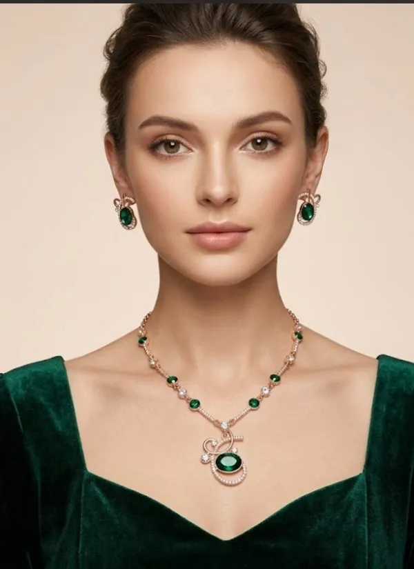 Gold_Green_Alloy_Oval_Stone_Necklace_And_Earrings_Set_For_Women