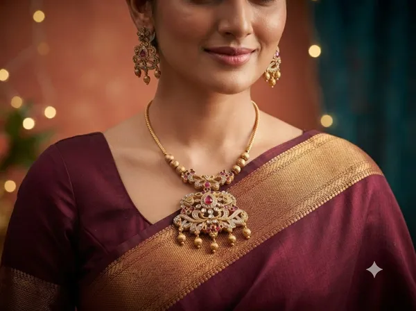 Golden_Traditional_Temple_Necklace_And_Earrings_Set_For_Women