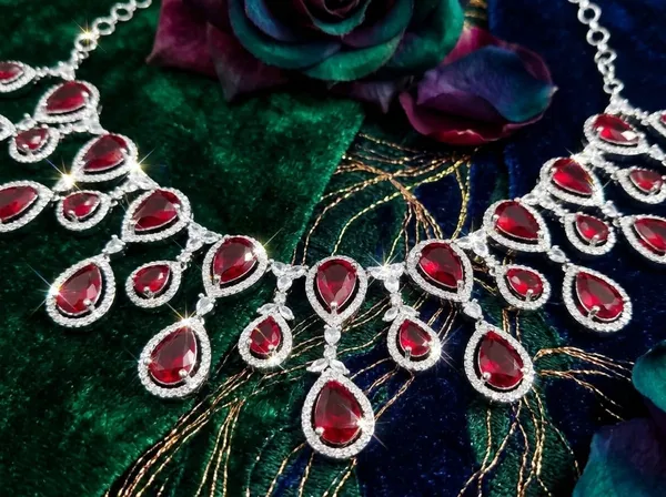 Silver_Red_Alloy_Teardrop_Red_Stone_Necklace_And_Earrings_Set_For_Women