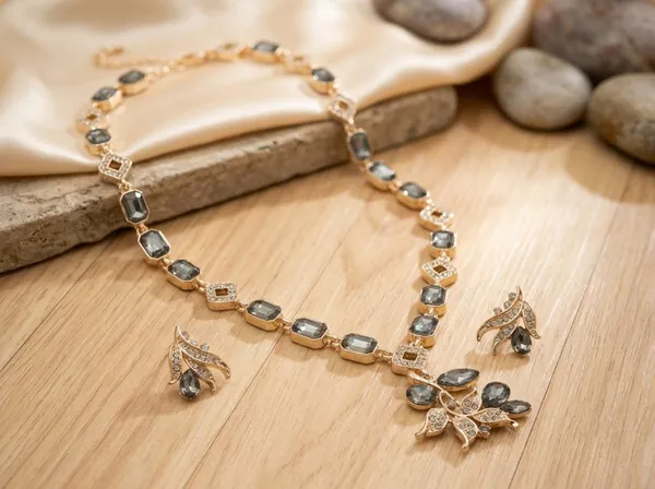 Rose_Gold_Alloy_Smoky_Grey_Crystal_Necklace_And_Earrings_Set_For_Women