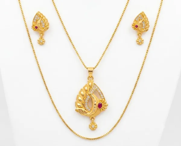 Gold_Alloy_Floral_Pendant_Necklace_And_Earrings_Set_For_Women