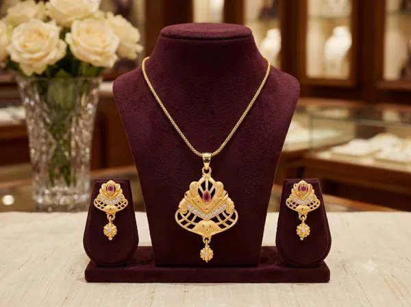 Golden_Alloy_Purple_Stone_Pendant_Necklace_And_Earrings_Set_For_Women