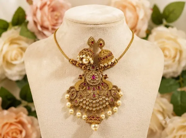 Golden_Alloy_Traditional_Pendant_Necklace_And_Earrings_Set_For_Women
