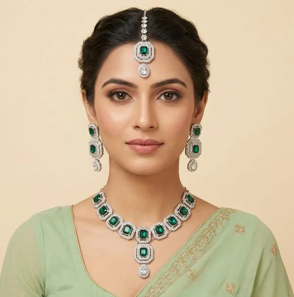 Silver_Green_Alloy_Stone_Necklace_Earrings_Maang_Tikka_Set_For_Women
