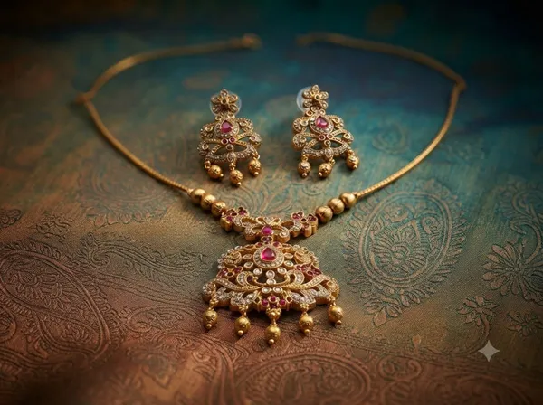 Golden_Traditional_Temple_Necklace_And_Earrings_Set_For_Women