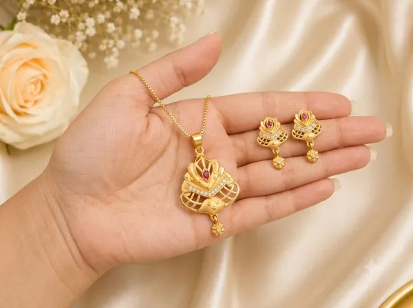 Golden_Alloy_Purple_Stone_Pendant_Necklace_And_Earrings_Set_For_Women