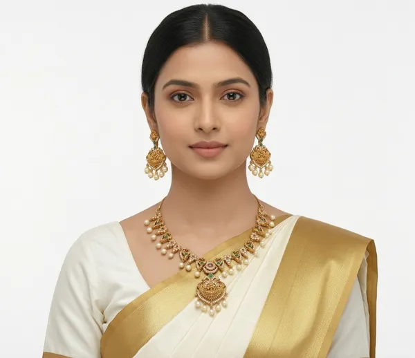 Golden_Alloy_Antique_Traditional_Temple_Necklace_And_Earrings_Set_For_Women