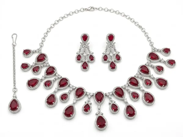 Silver_Red_Alloy_Teardrop_Red_Stone_Necklace_And_Earrings_Set_For_Women