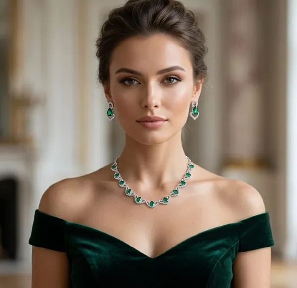 Silver_Green_Premium_Handmade_Zirconia_American_Diamond_Necklace_&_Earrings_Set_For_Women