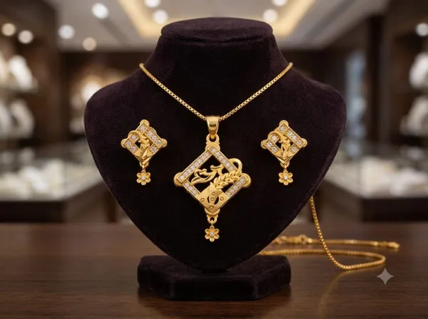Gold_Alloy_Diamond_Shape_Pendant_Necklace_And_Earrings_Set_For_Women