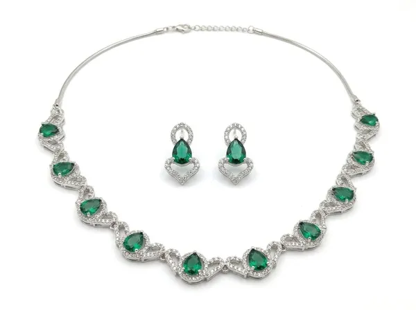 Silver_Green_Premium_Handmade_Zirconia_American_Diamond_Necklace_&_Earrings_Set_For_Women