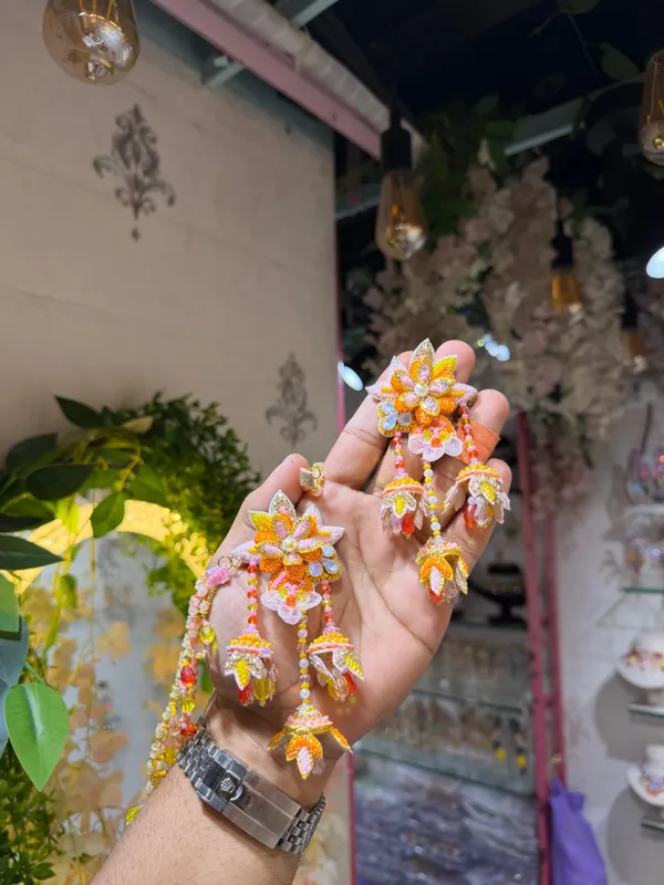 Orange_Floral_Embellished_Earrings_with_earchains_for_Women