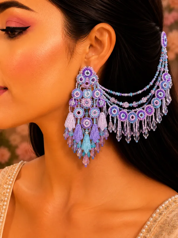 Purple_Tulip_Bridal_Earring_with_earchains_for_Women