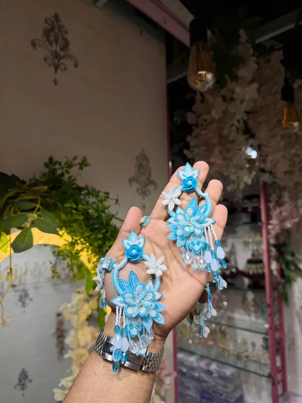 Blue_Beaded_Floral_Earrings_with_earchains_for_Women