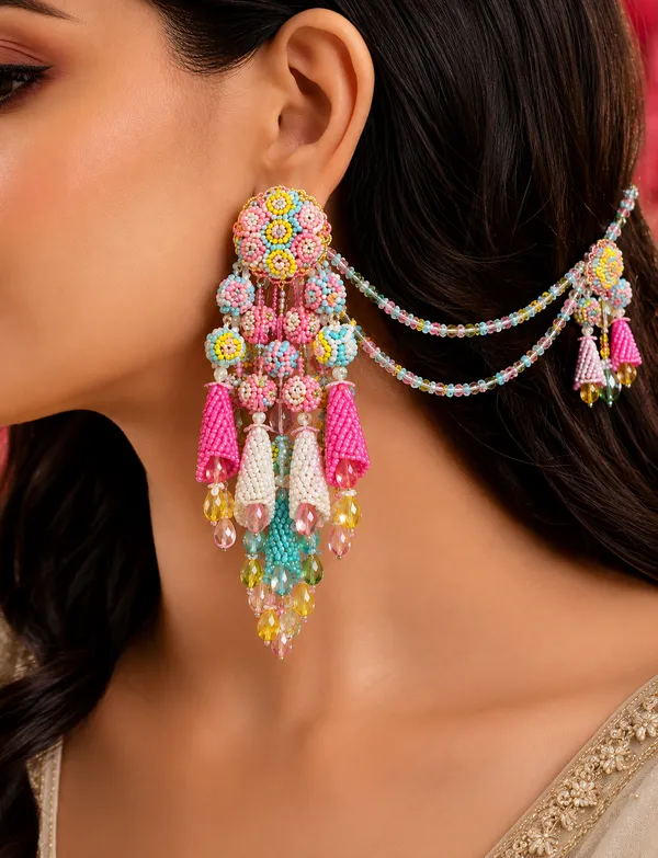 Hot_Pink_Tulip_Earrings_with_earchains_for_Women