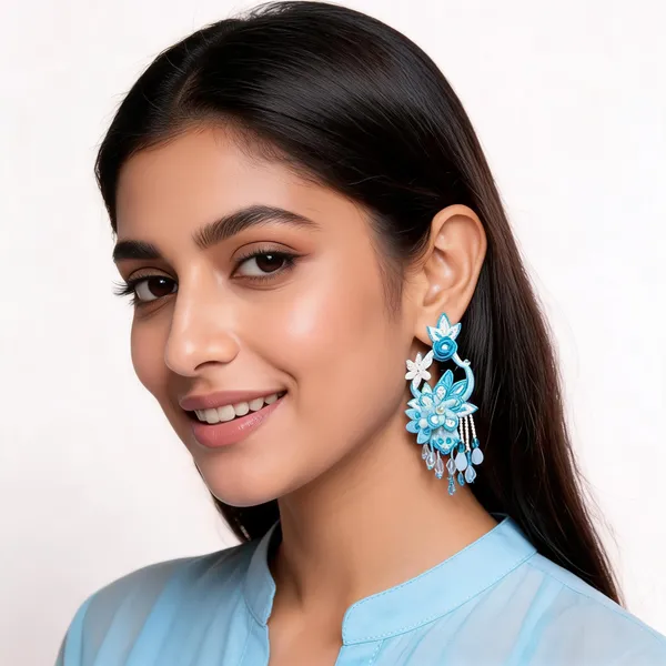Blue_Beaded_Floral_Earrings_with_earchains_for_Women