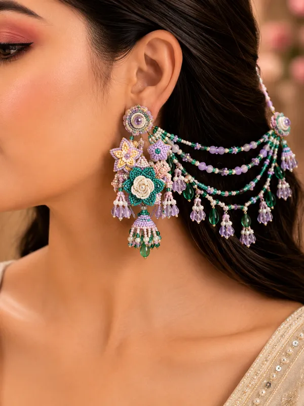 Multicolor_Ethnic_Earring_with_earchains_for_Women