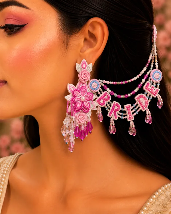 Pink_Mini_Bride_Earring_with_earchains_for_Women