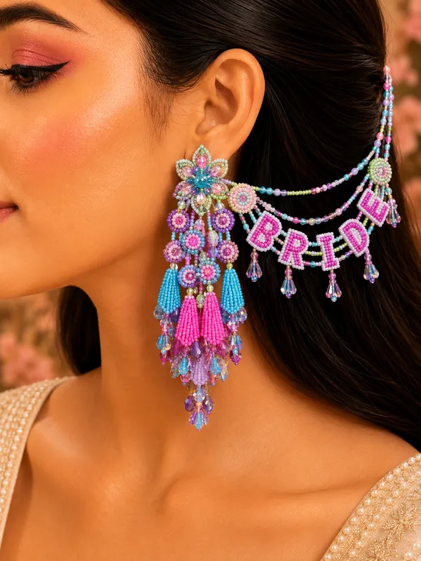 Organza_Tulip_Bridal_Earring_with_earchains_for_Women