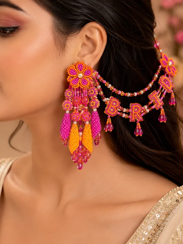 Pink_&_Orange_Bride_Tulip_Earring_with_earchains_for_Women