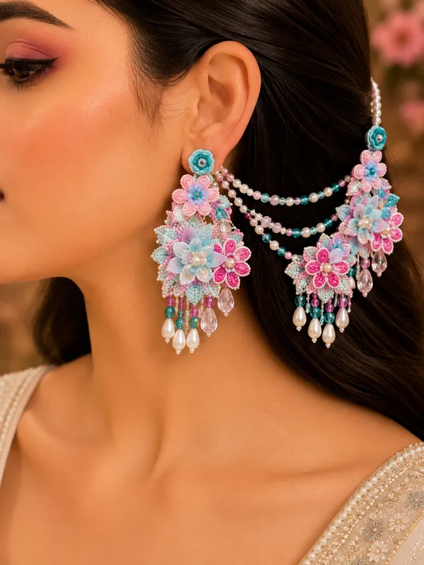 Organza_Floral_Earrings_with_earchains_for_Women