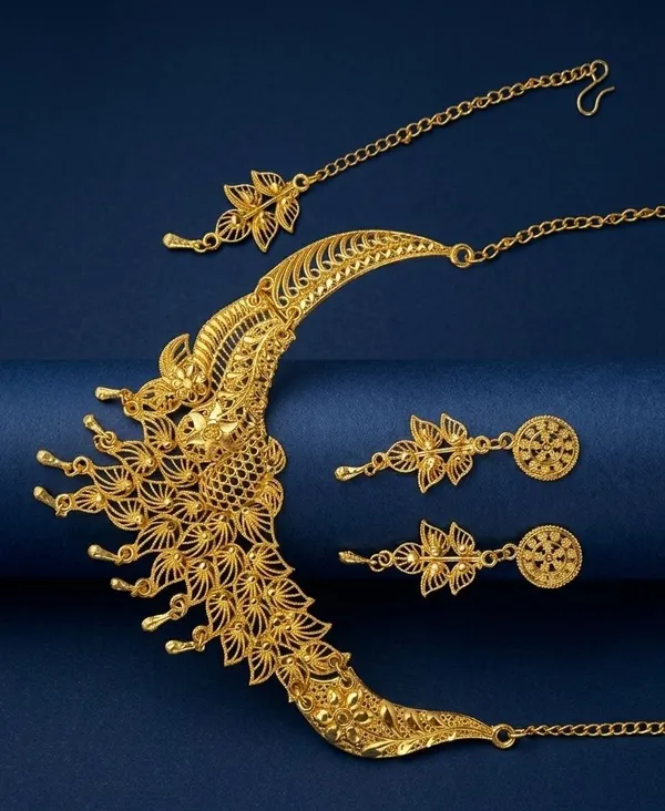 Gold_Tone_Floral_Necklace_And_Earrings_Set_for_Women