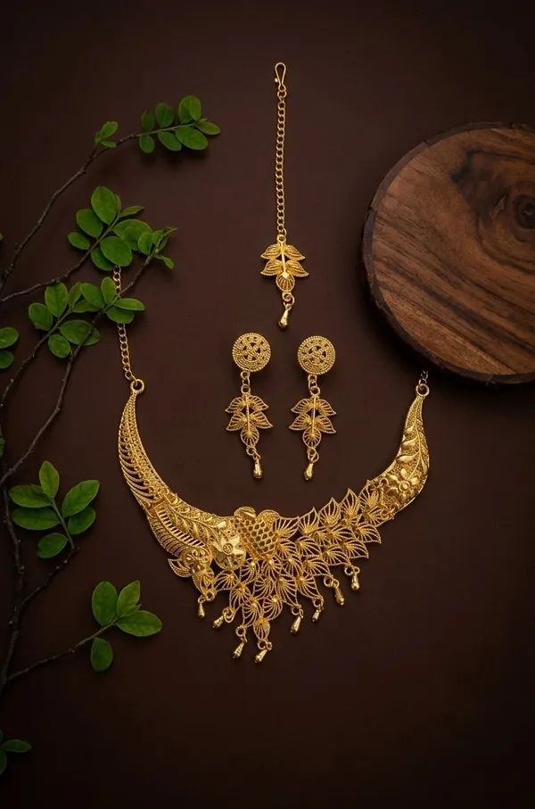 Gold_Tone_Floral_Necklace_And_Earrings_Set_for_Women