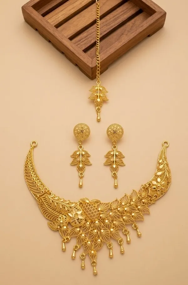 Gold_Tone_Floral_Necklace_And_Earrings_Set_for_Women