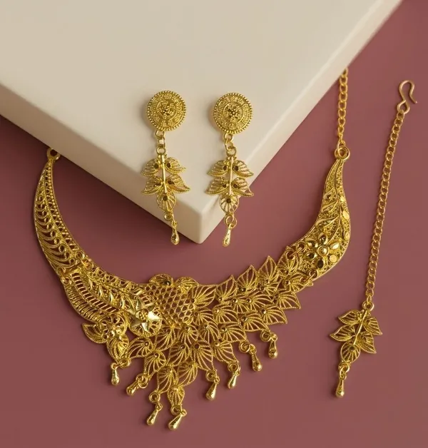 Gold_Tone_Floral_Necklace_And_Earrings_Set_for_Women