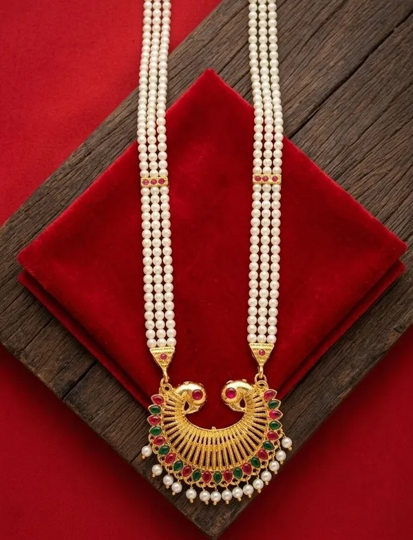 Gold_Brass_Pearl_Strand_Peacock_Pendant_Necklace_For_Women