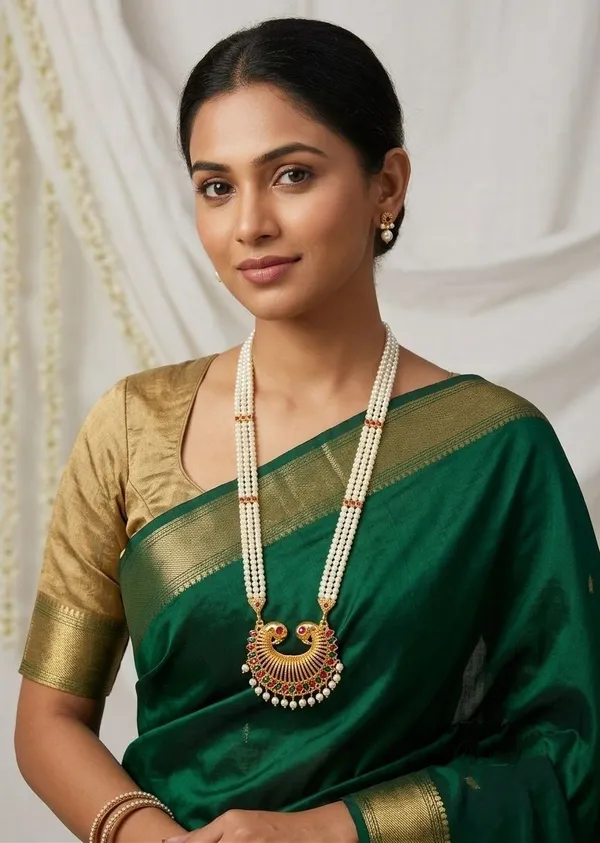 Gold_Brass_Pearl_Strand_Peacock_Pendant_Necklace_For_Women
