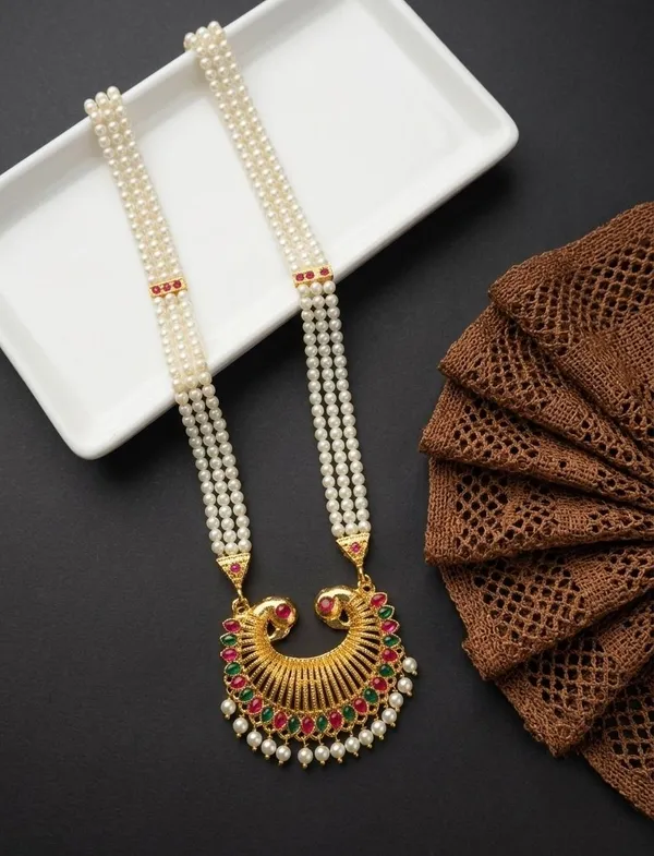 Gold_Brass_Pearl_Strand_Peacock_Pendant_Necklace_For_Women