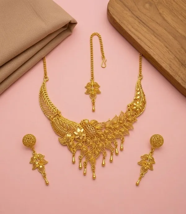 Gold_Tone_Floral_Necklace_And_Earrings_Set_for_Women