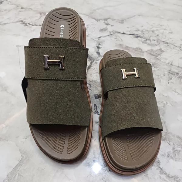 Olive_Synthetic_Leather_Slip-On_H-Emblem_Slide_Sandals_For_Men