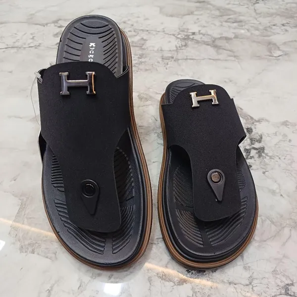 Black_Synthetic_Leather_Slip-On_H-Emblem_Sandals_For_Men