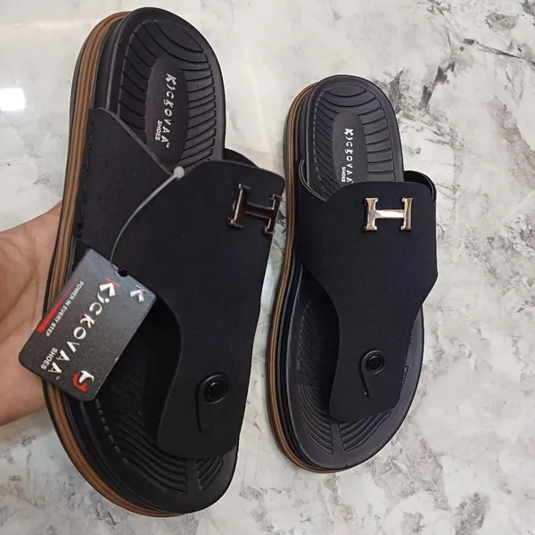 Black_Synthetic_Leather_Slip-On_H-Emblem_Sandals_For_Men