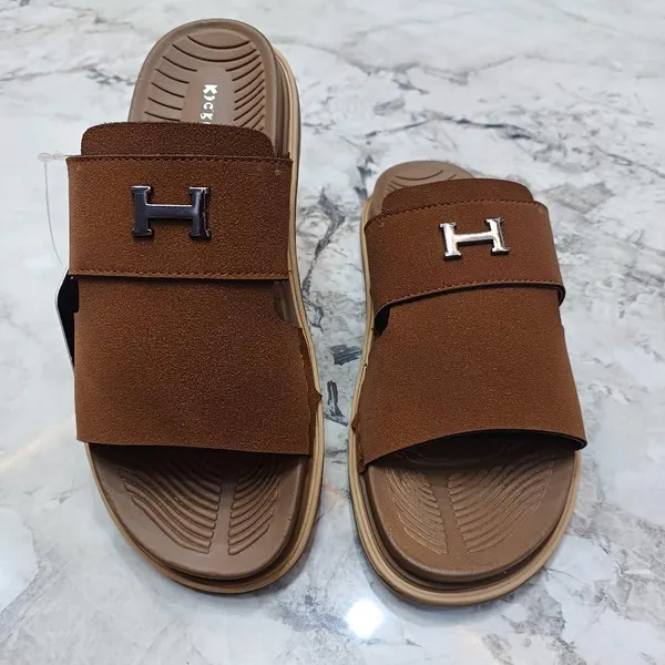 Brown_Synthetic_Leather_Slip-On_H-Emblem_Slide_Sandals_For_Men