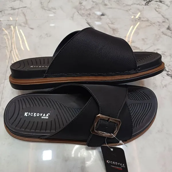Black_Synthetic_Leather_Textured_Cross_Strap_Buckle_Sandals_For_Men