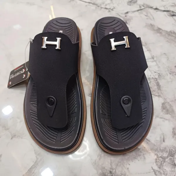 Black_Synthetic_Leather_Slip-On_H-Emblem_Sandals_For_Men