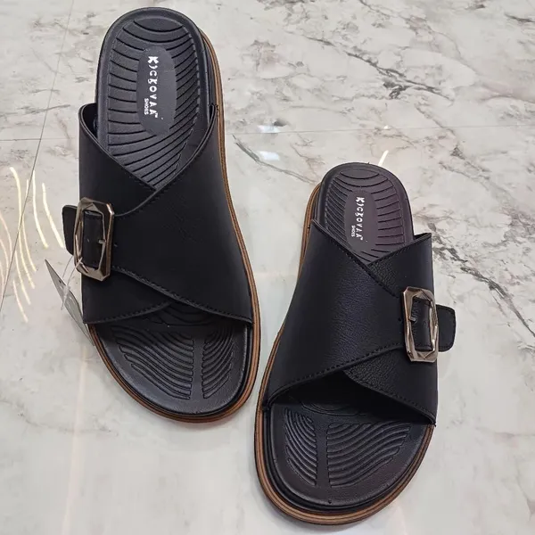 Black_Synthetic_Leather_Textured_Cross_Strap_Buckle_Sandals_For_Men