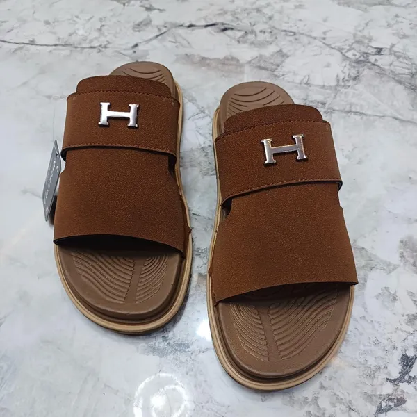 Brown_Synthetic_Leather_Slip-On_H-Emblem_Slide_Sandals_For_Men