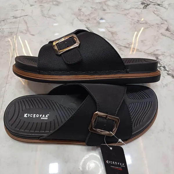 Black_Synthetic_Leather_Textured_Cross_Strap_Buckle_Sandals_For_Men