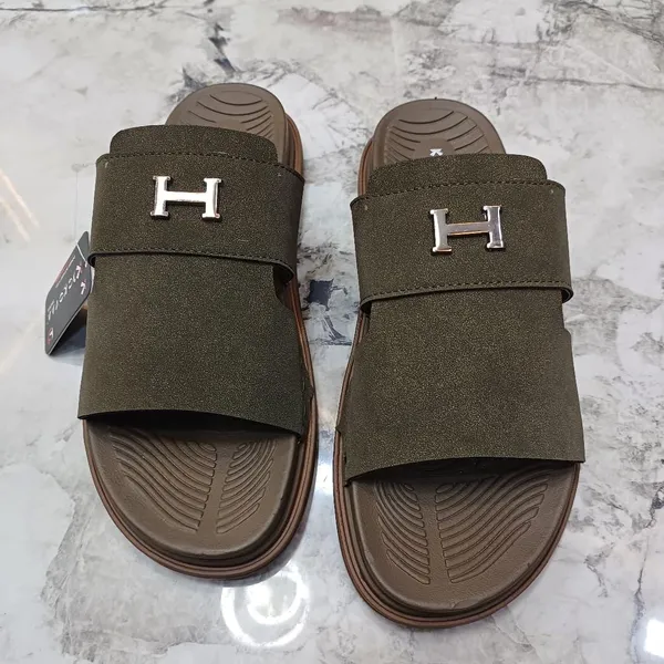 Olive_Synthetic_Leather_Slip-On_H-Emblem_Slide_Sandals_For_Men