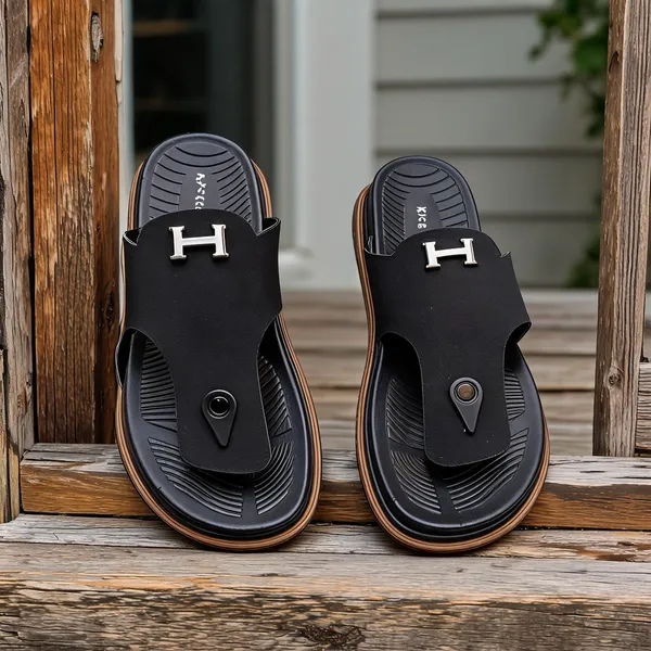 Black_Synthetic_Leather_Slip-On_H-Emblem_Sandals_For_Men