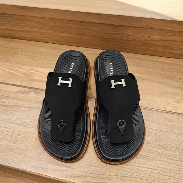 Black_Synthetic_Leather_Slip-On_H-Emblem_Sandals_For_Men