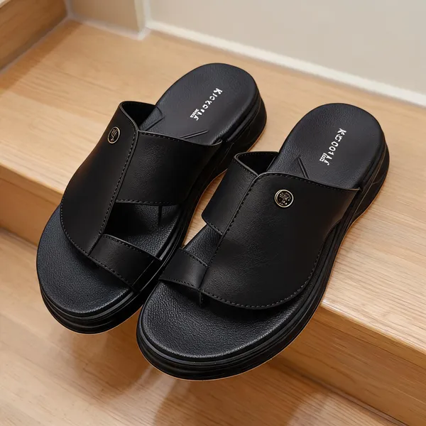 Black_Synthetic_Leather_Slip-On_Open_Toe_Sandals_For_Men