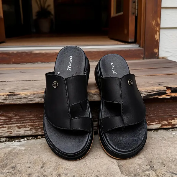 Black_Synthetic_Leather_Slip-On_Open_Toe_Sandals_For_Men