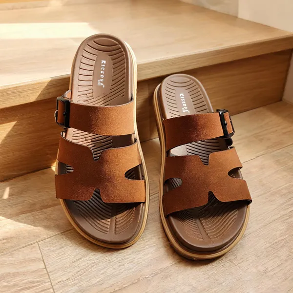 Brown_Synthetic_Leather_Adjustable_Buckle_Strap_Sandals_For_Men